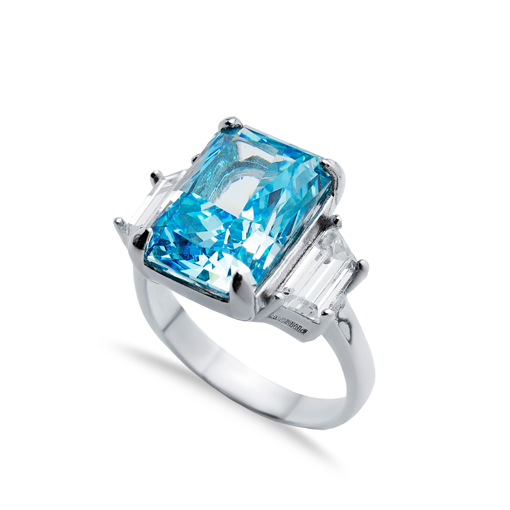 Aquamarine CZ Stone Baguette Design Cluster Zircon Ring