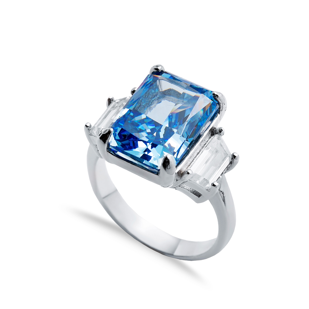 Blue CZ Stone Baguette Design Cluster Zircon Ring Jewelry