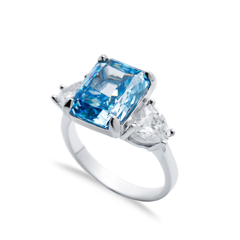 Aquamarine CZ Stone Baguette Heart Design Cluster Zircon Ring