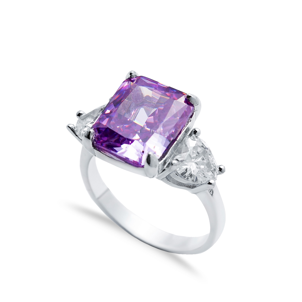 Amethyst CZ Stone Baguette Heart Design Cluster Zircon Ring