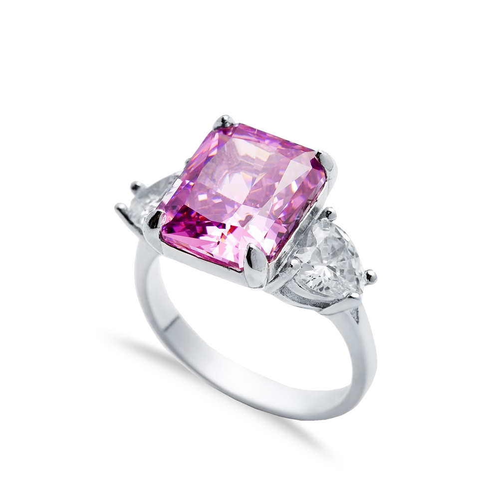 Pink CZ Stone Baguette Heart Design Cluster Zircon Ring