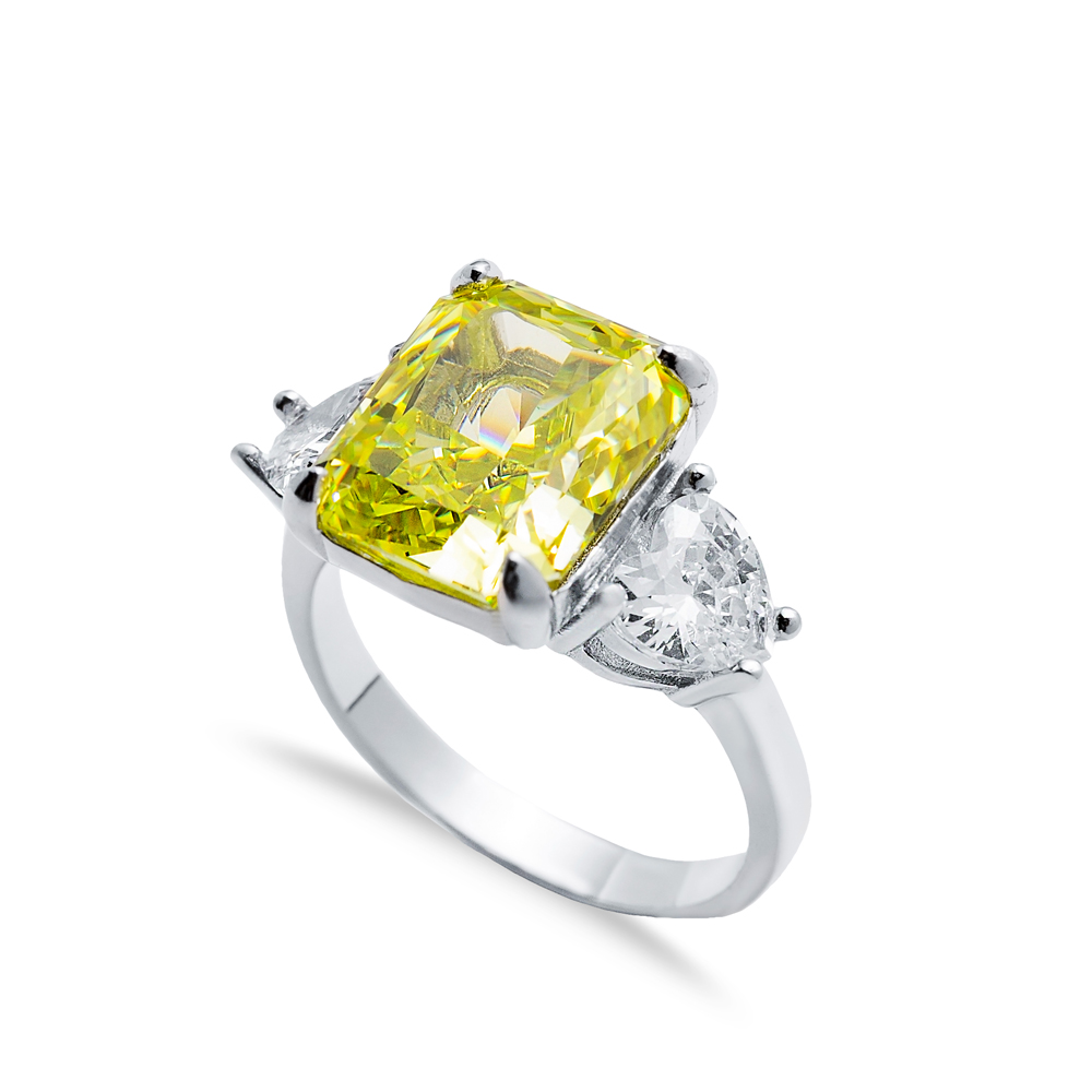 Yellow Citrine CZ Stone Baguette Design Zircon Cluster Ring