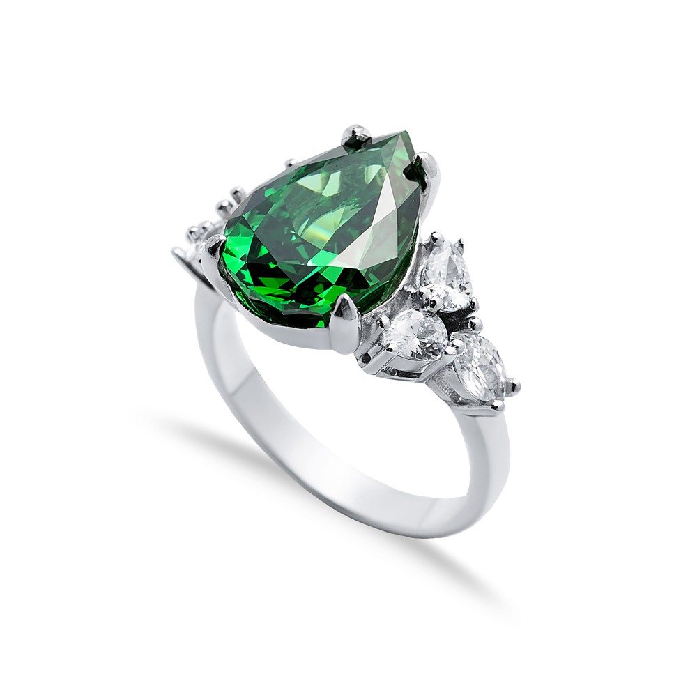 Emerald CZ Stone Pear Drop Design Cluster Zircon Ring