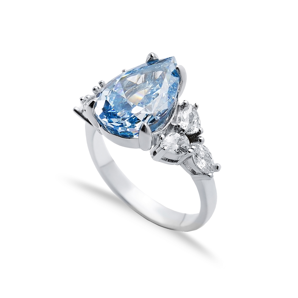 Aquamarine CZ Stone Pear Drop Design Cluster Zircon Ring