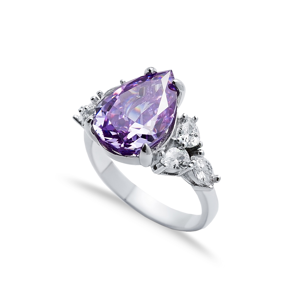 Amethyst CZ Stone Pear Drop Design Cluster Zircon Ring