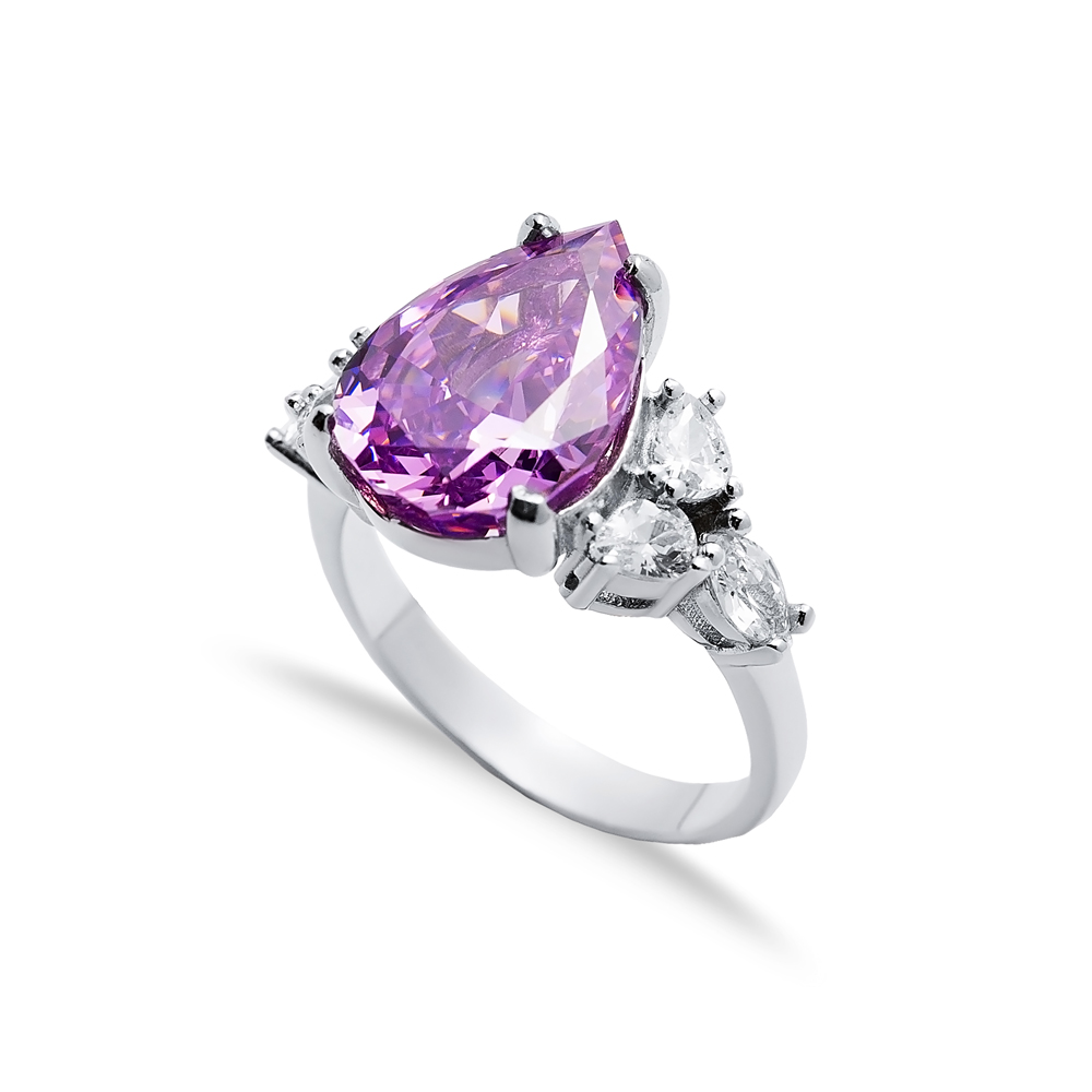 Pink CZ Stone Pear Drop Design Cluster Zircon Ring