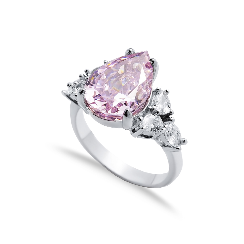 Light Pink CZ Stone Pear Drop Design Cluster Zircon Ring