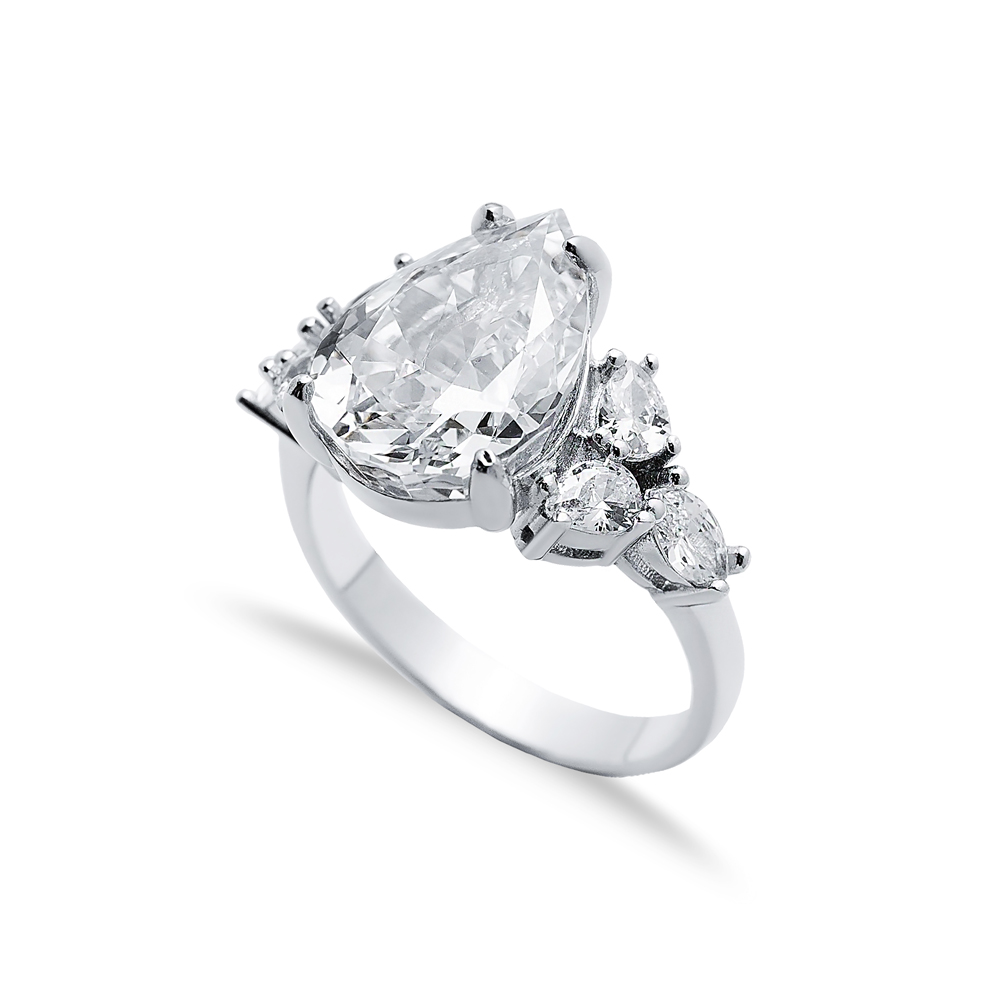 White CZ Stone Pear Drop Design Cluster Zircon Ring