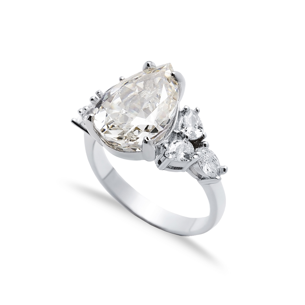 Off White CZ Stone Pear Drop Design Cluster Zircon Ring