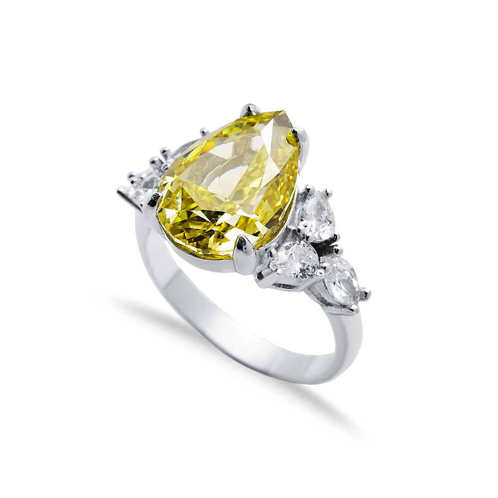 Yellow Citrine CZ Stone Pear Drop Design Cluster Zircon Ring