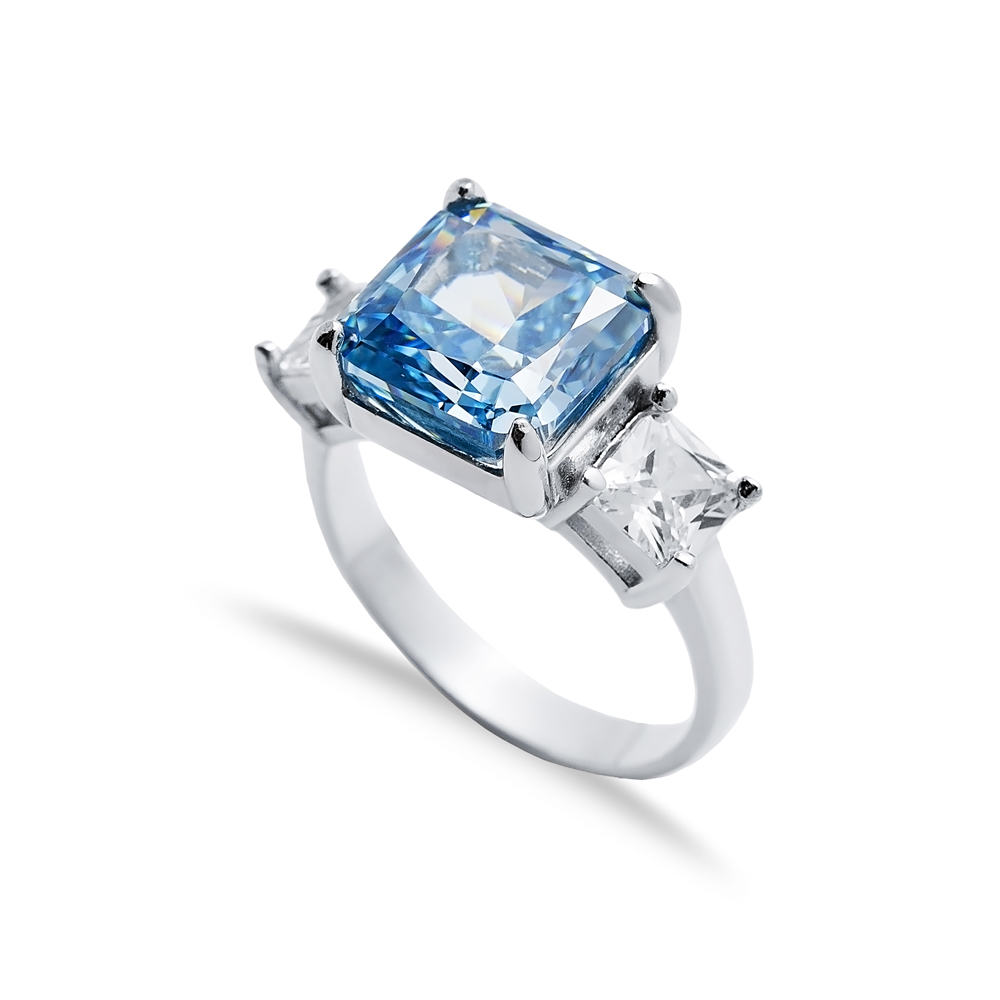 Aquamarine CZ Stone Square Design Cluster Zircon Ring