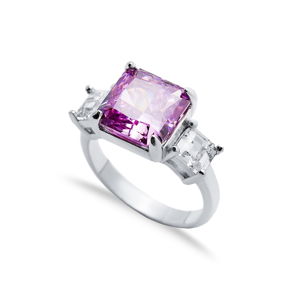 Pink CZ Stone Square Design Cluster Zircon Ring