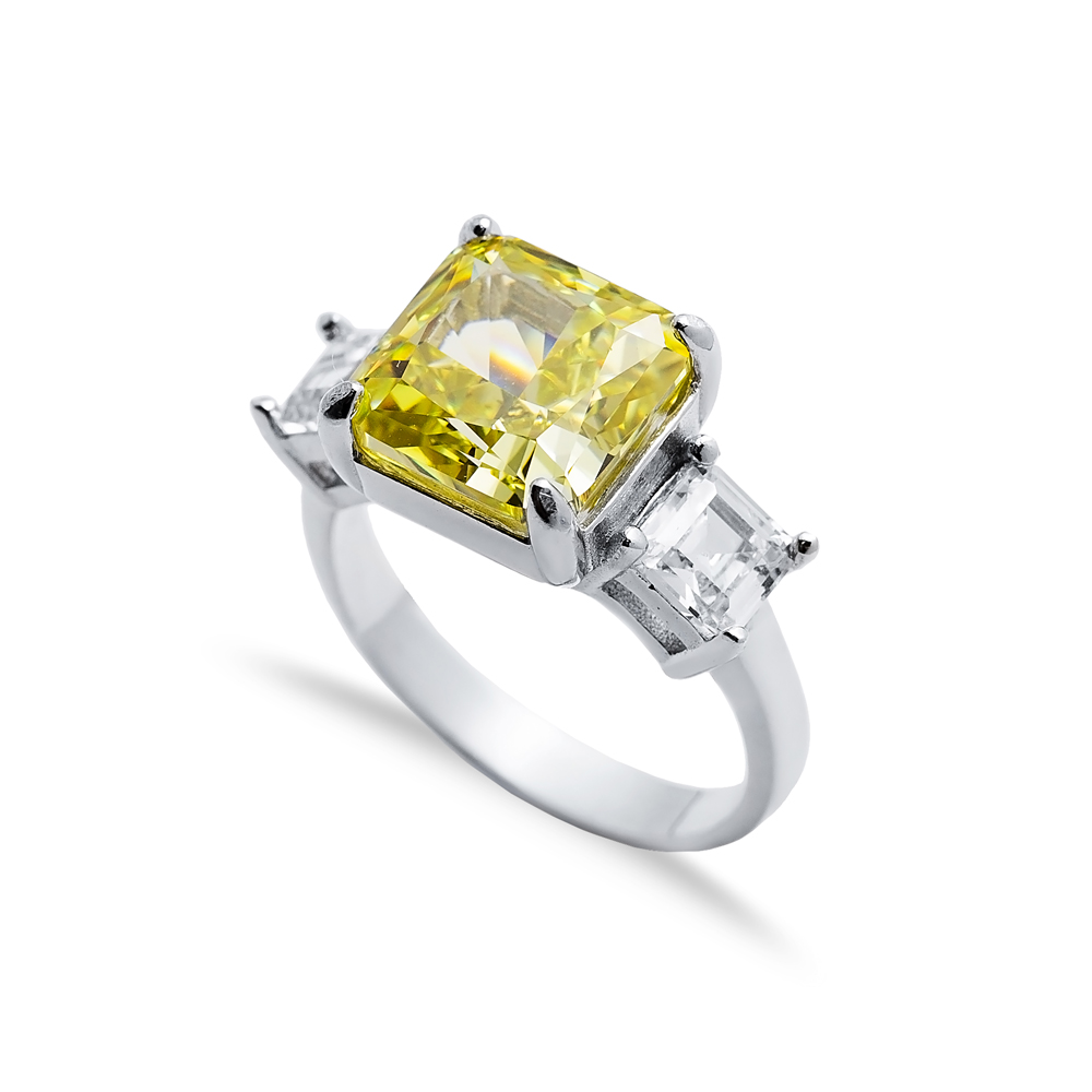 Yellow Citrine CZ Stone Square Design Cluster Zircon Ring