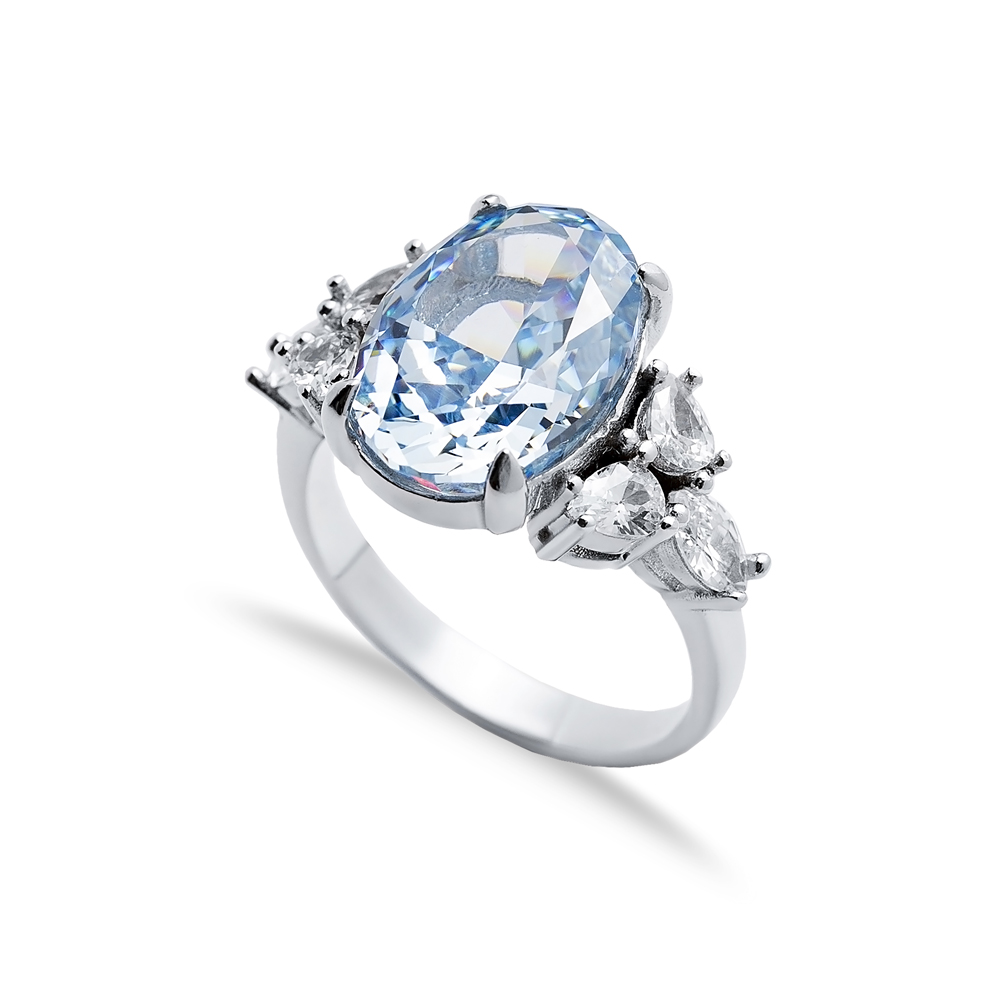 Aquamarine CZ Stone Oval Design Cluster Zircon Ring