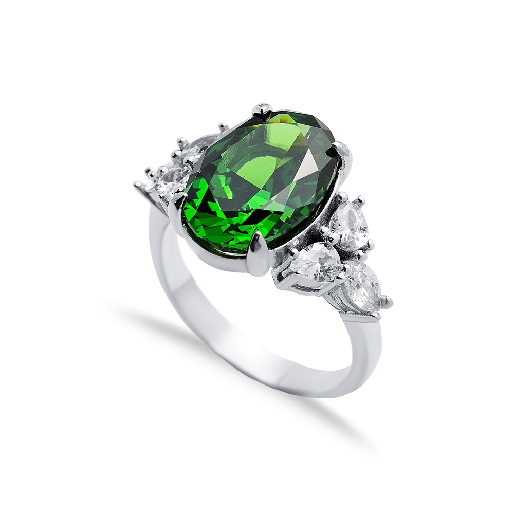 Emerald CZ Stone Oval Design Cluster Zircon Ring