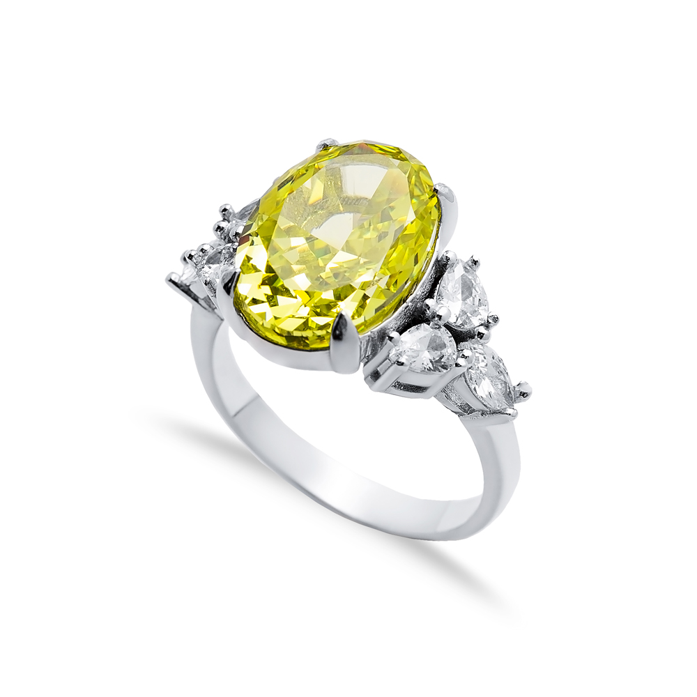 Yellow Citrine CZ Stone Oval Design Cluster Zircon Ring