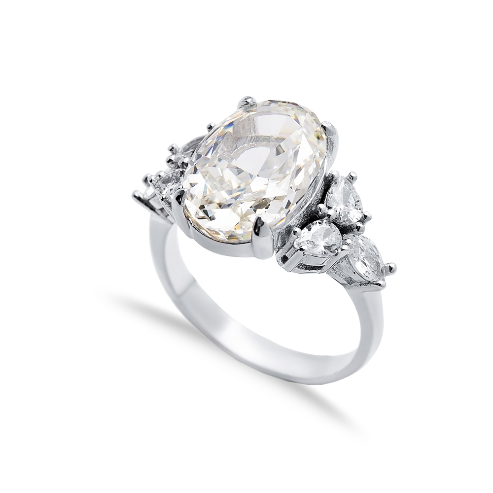 Off White CZ Stone Oval Design Cluster Zircon Ring