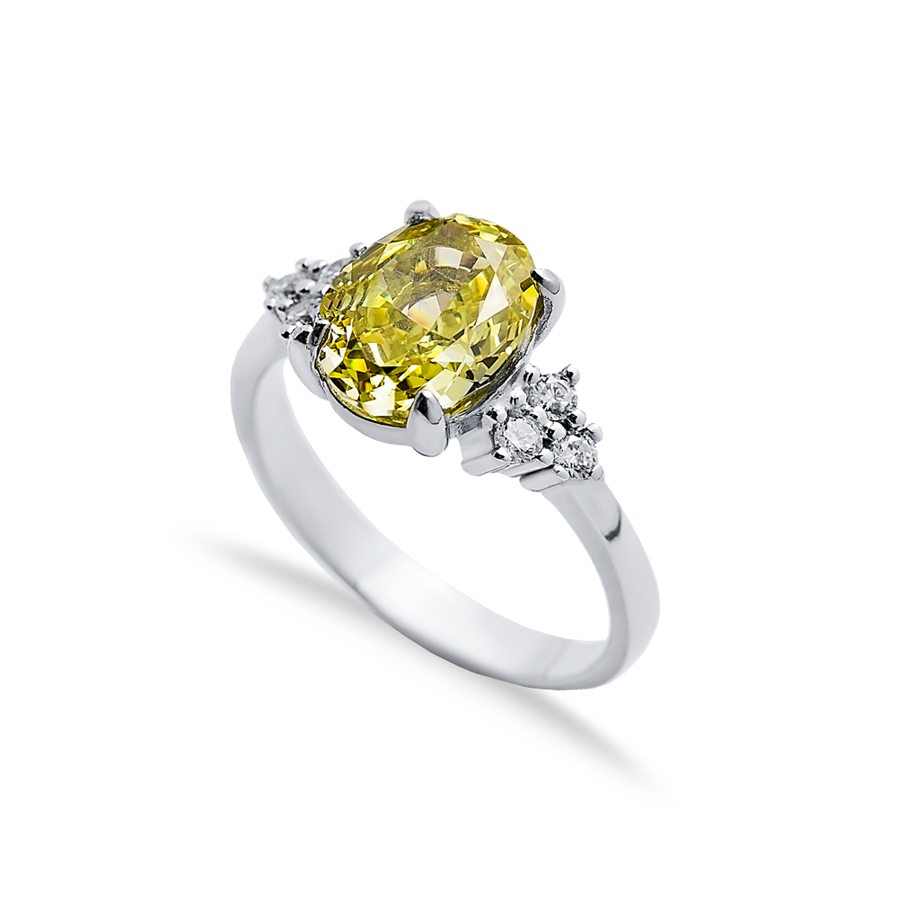 Yellow Citrine CZ Stone Oval Design Cluster Zircon Ring