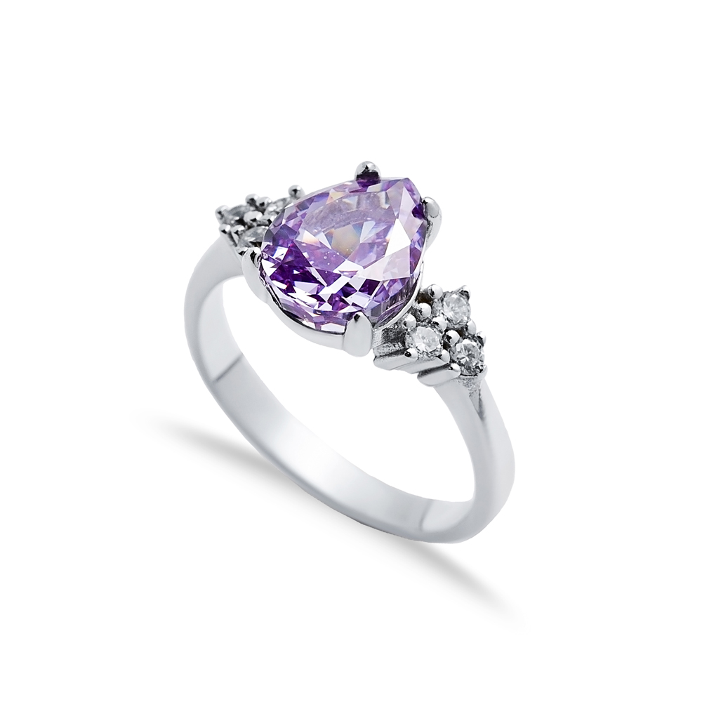 Amethyst CZ Stone Pear Drop Design Cluster Zircon Ring