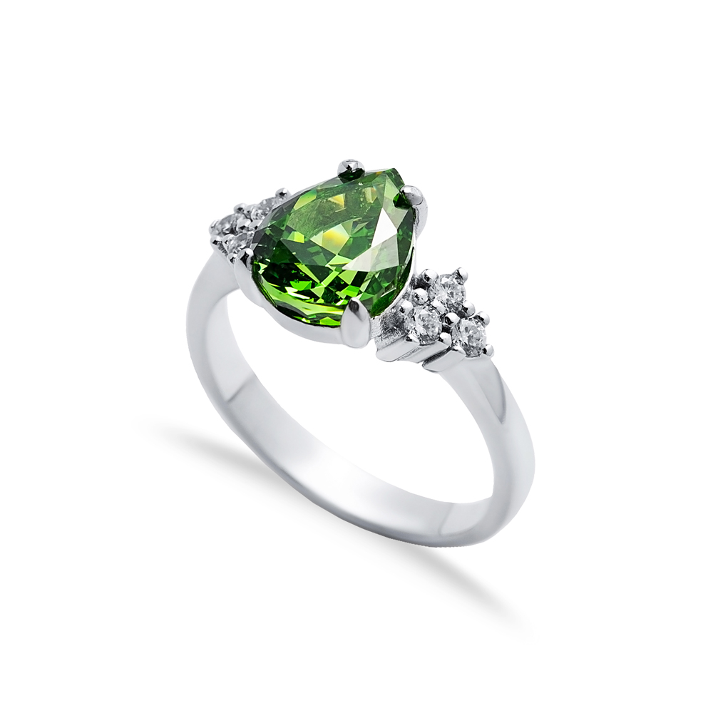 Emerald CZ Stone Pear Drop Design Cluster Zircon Ring