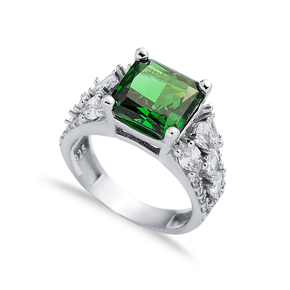 Emerald CZ Stone Square Design Stony Cluster Silver Ring