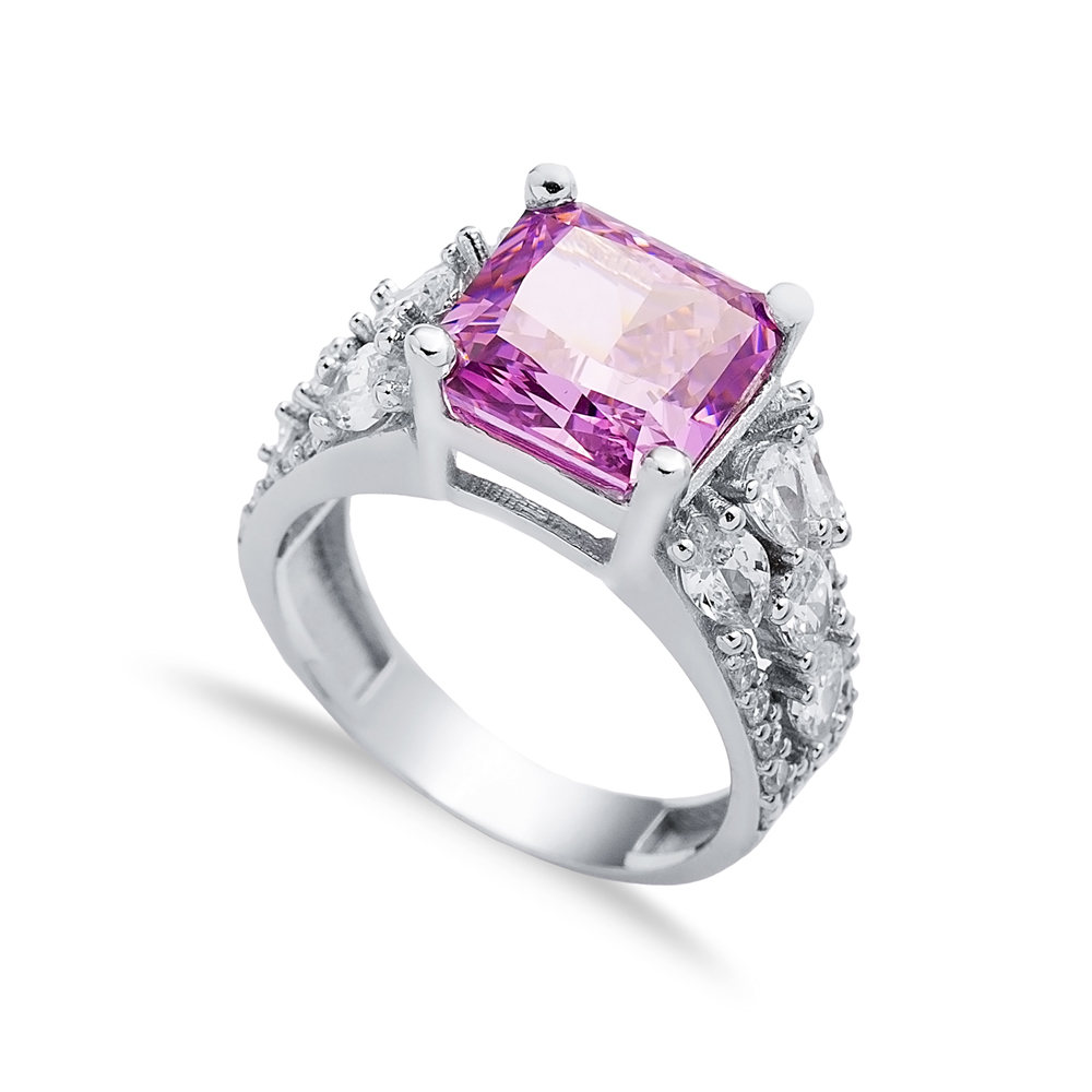 Pink CZ Stone Square Design 925 Silver Stony Cluster Ring