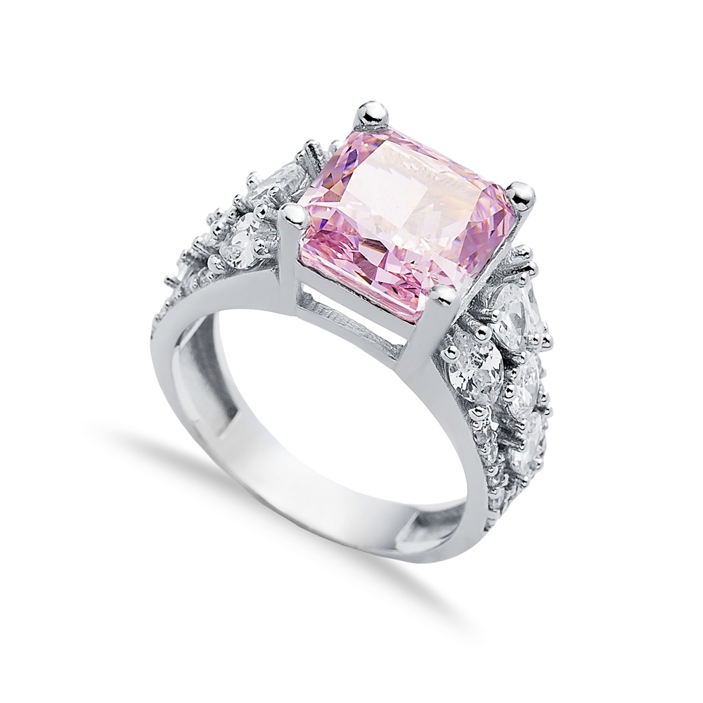 Pink CZ Stone Square Design 925 Silver Stony Cluster Ring