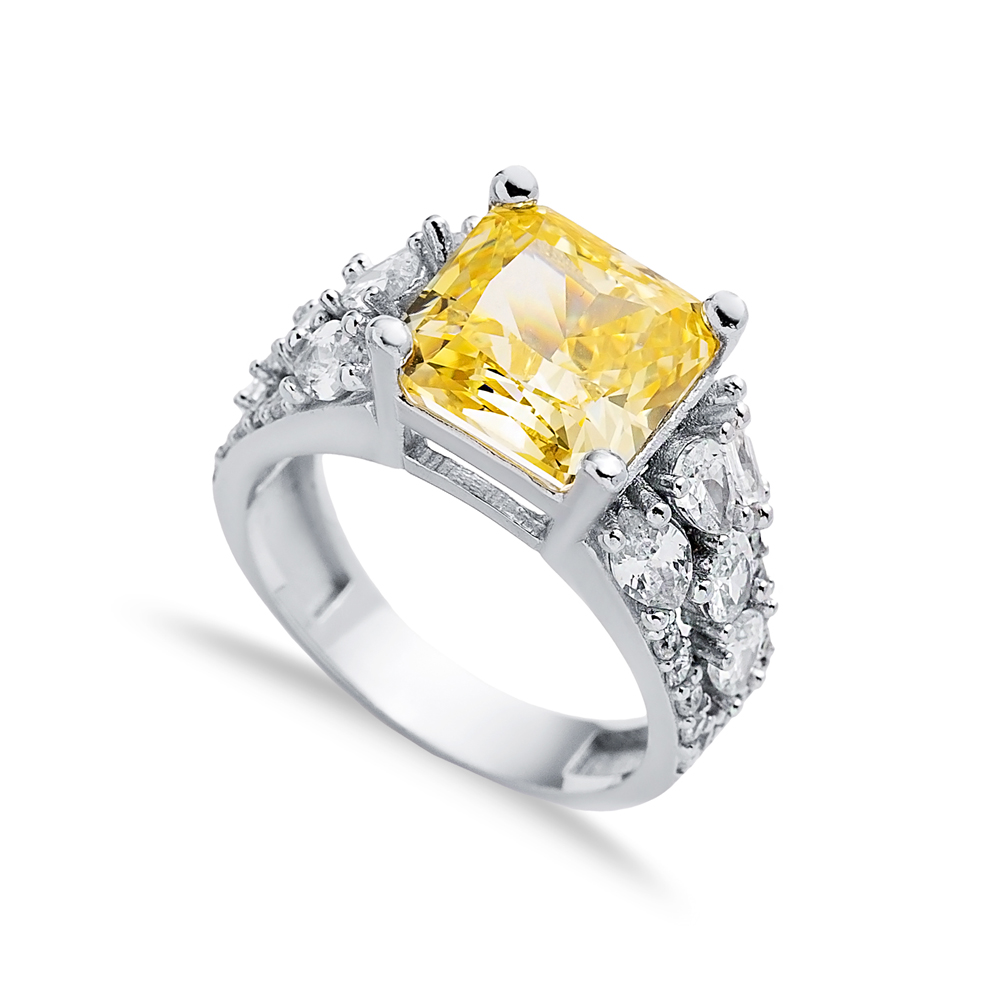 Citrine CZ Stone Square Design 925 Silver Stony Cluster Ring