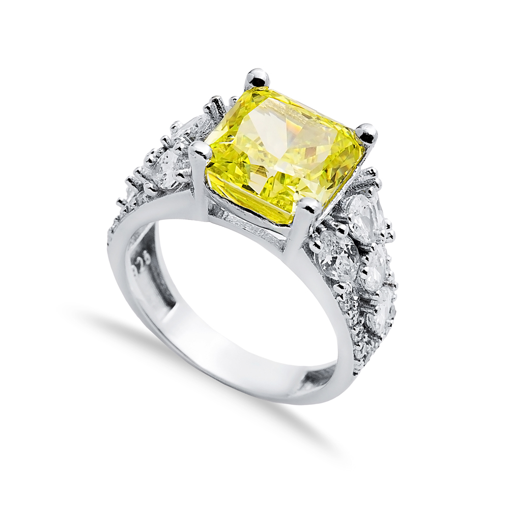 Yellow Citrine CZ Stone Square Design 925 Silver Cluster Ring