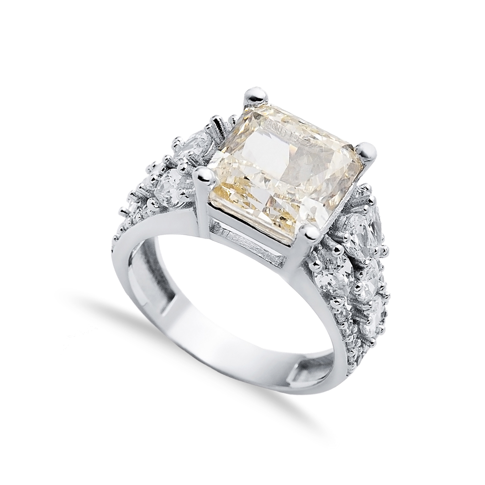 Off White CZ Stone Square Design 925 Silver Cluster Ring