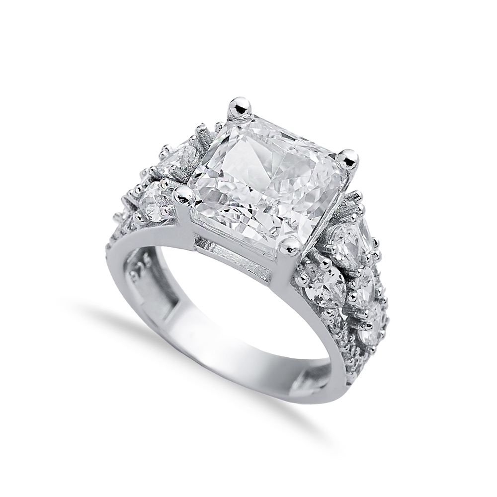 White CZ Stone Square Design 925 Silver Cluster Ring