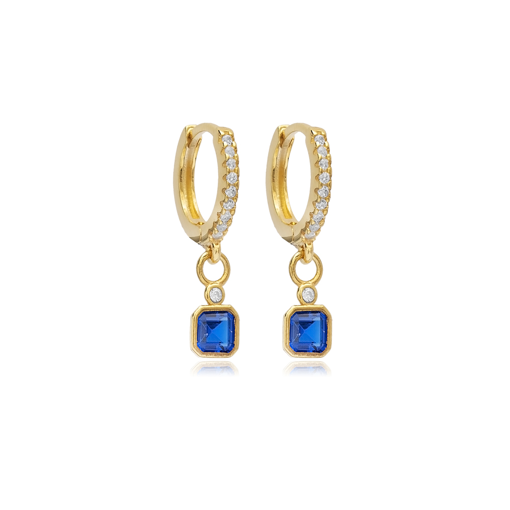 Square Design Sapphire CZ Stone 925 Silver Dangle Earrings