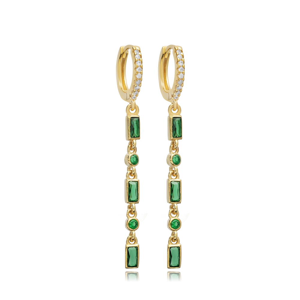 Emerald CZ Baguette Design Silver Wholesale Dangle Earrings