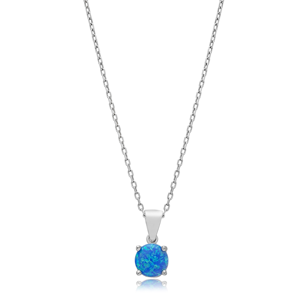 Blue Opal Round Charm Silver Necklace Wholesale Jewelry