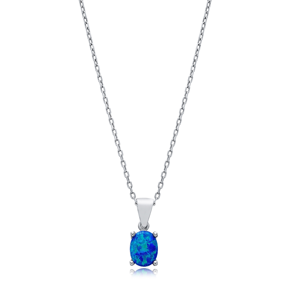 Blue Opal Oval Design Charm Silver Necklace Jewelry