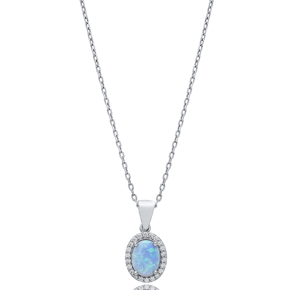 Oval Design CZ Light Blue Opal Sterling Silver Charm Necklace