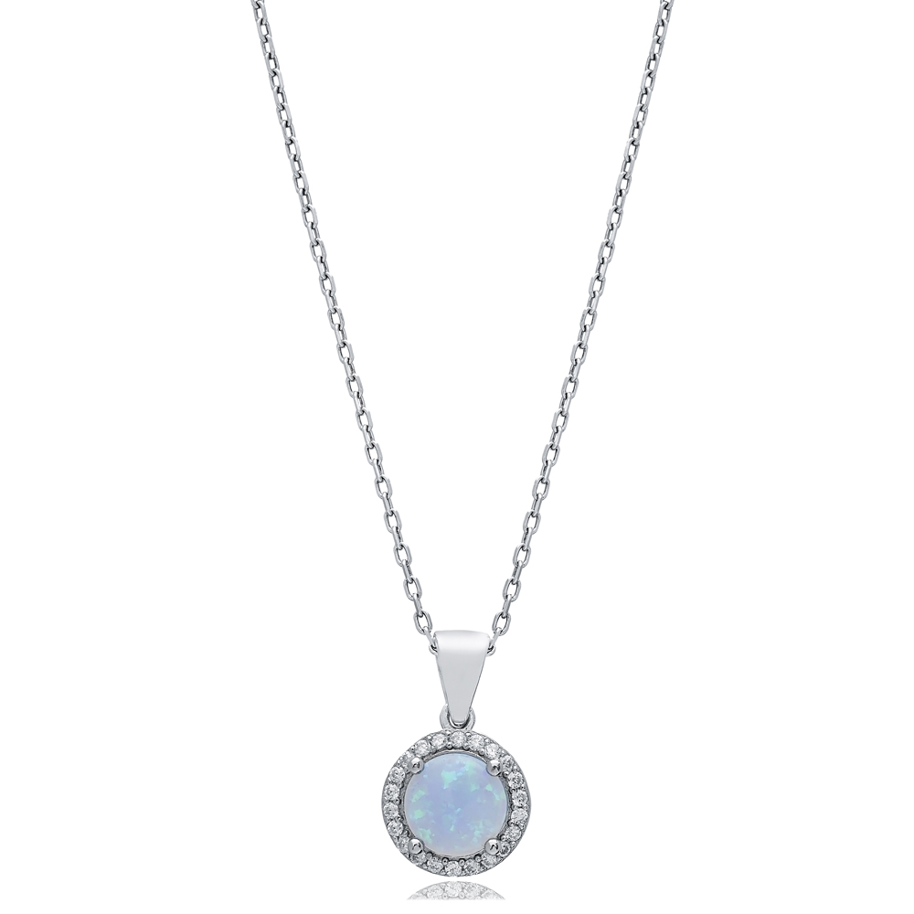 Round Design CZ Light Blue Opal Sterling Silver Charm Necklace