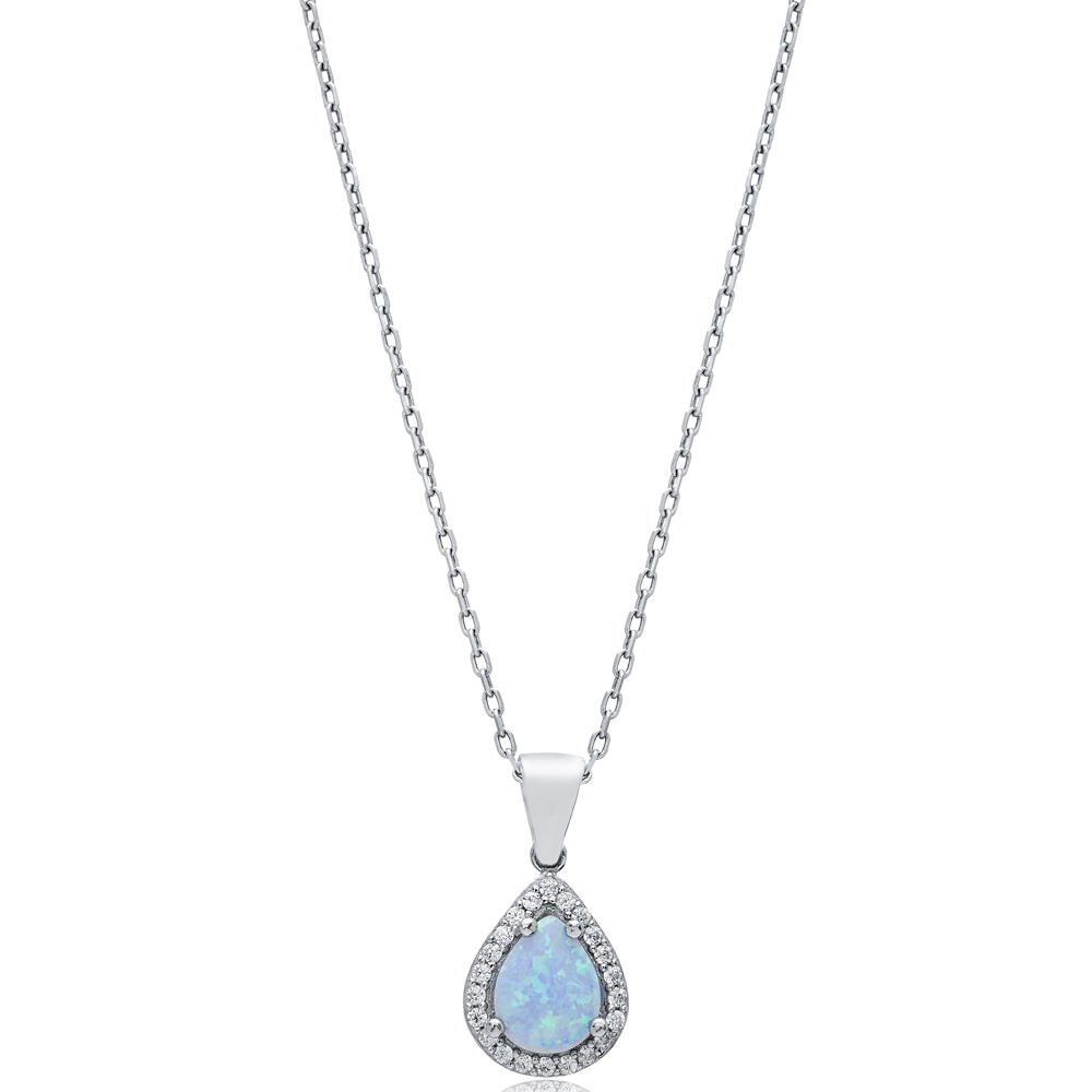 Pear Design CZ Light Blue Opal Sterling Silver Charm Necklace