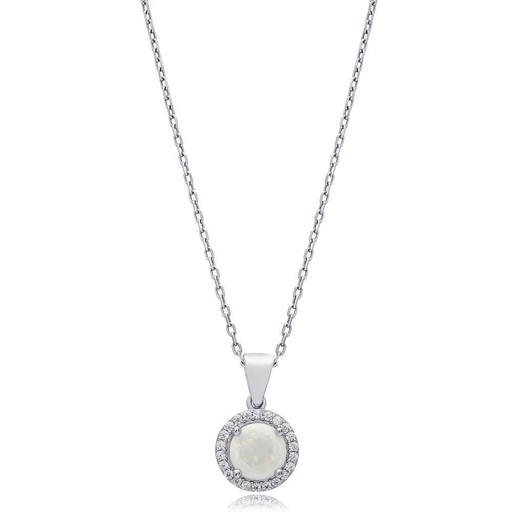 Round Design CZ White Opal Sterling Silver Charm Necklace