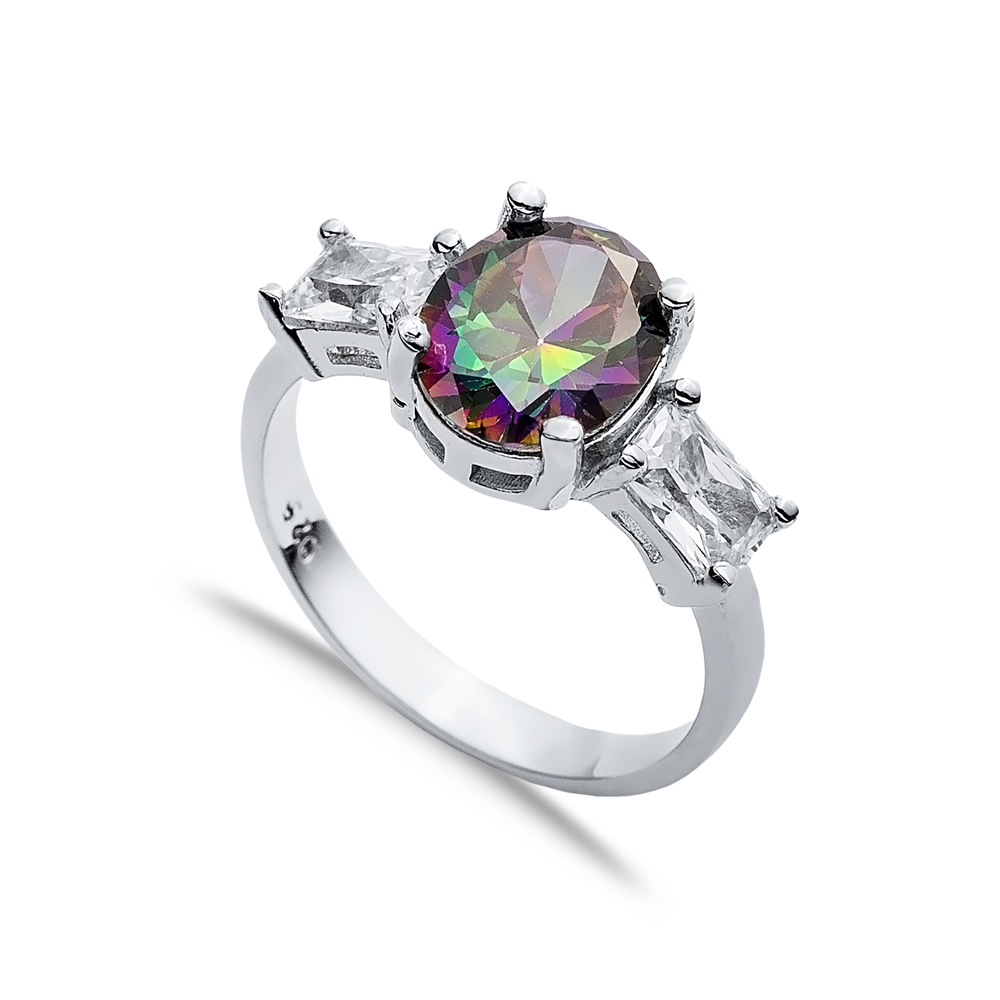 Oval Mystic Topaz Baguette CZ Stone Ring Wholesale Silver Jewelry