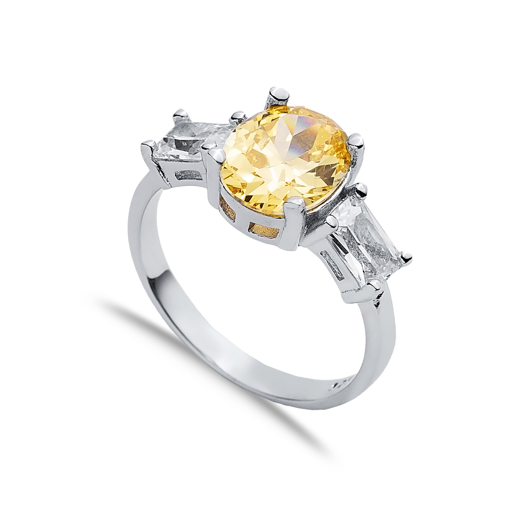 Oval Citrine Baguette CZ Stone Ring Wholesale Silver Jewelry