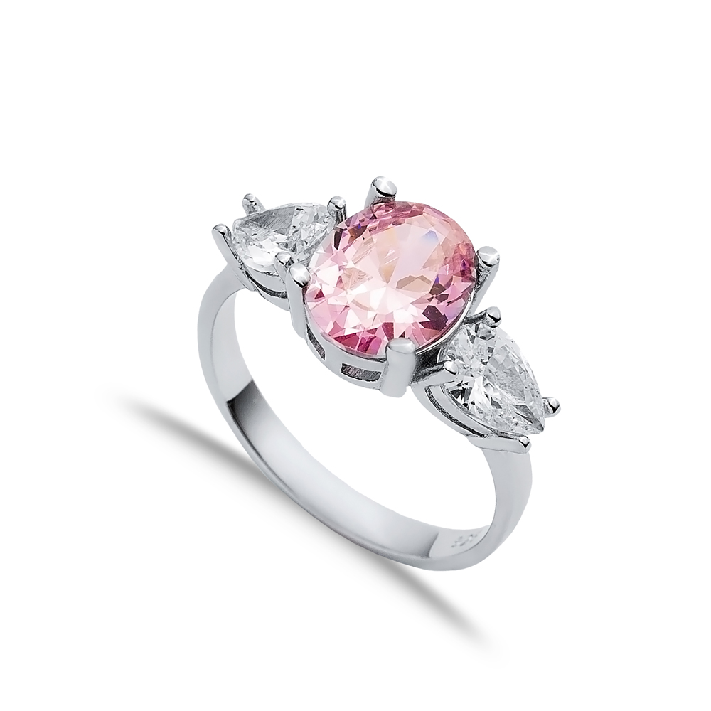 Oval Pink Quartz Pear CZ Stone Ring Wholesale 925 Silver Jewelry