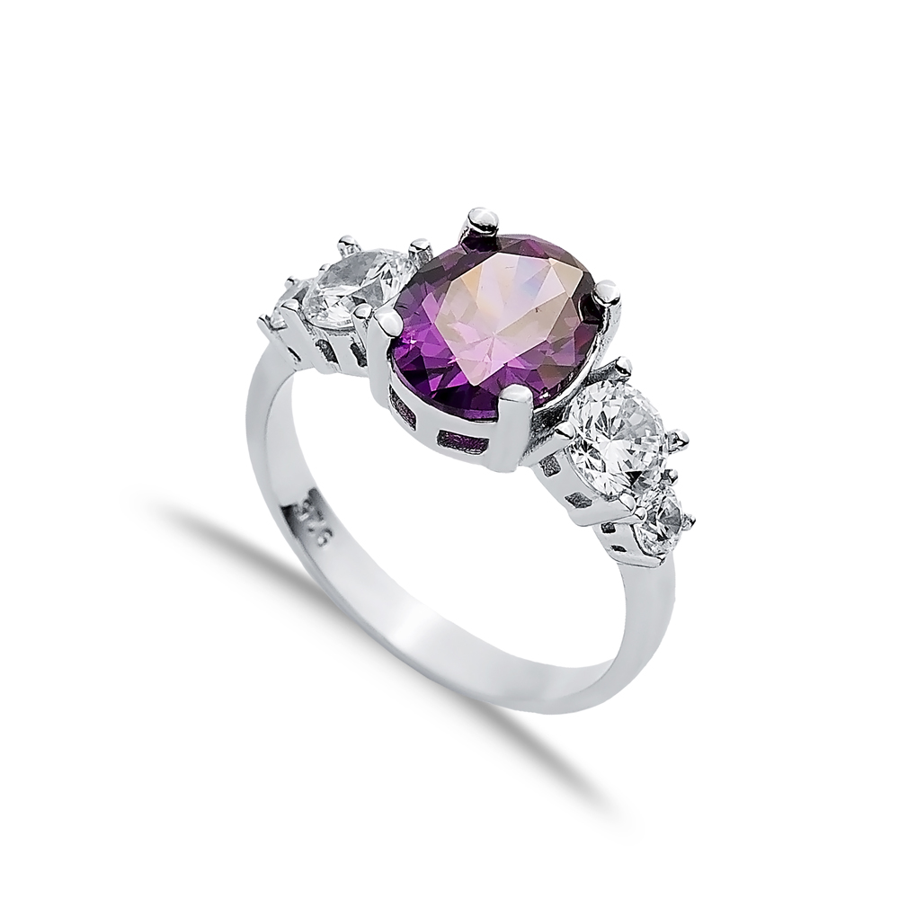 Oval Amethyst Round CZ Stone Ring Wholesale Silver Jewelry