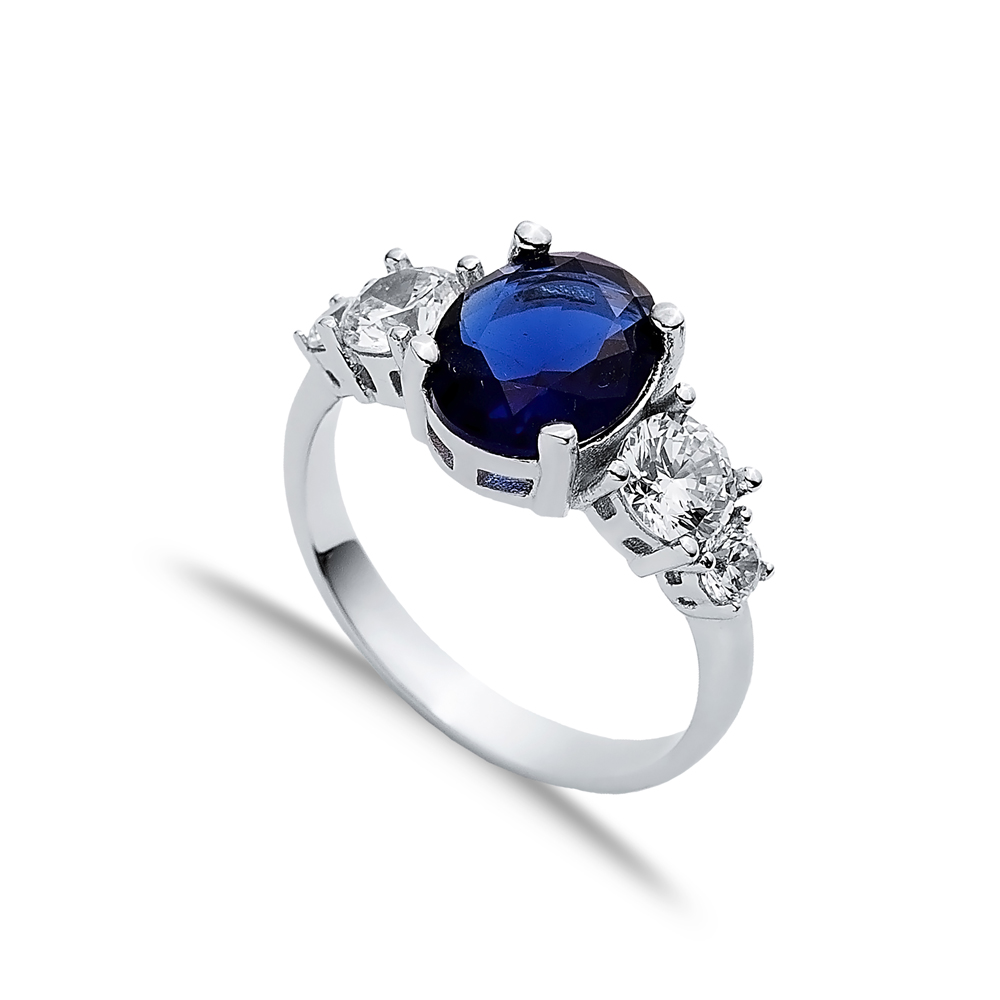 Oval Sapphire Round CZ Stone Ring Wholesale Silver Jewelry