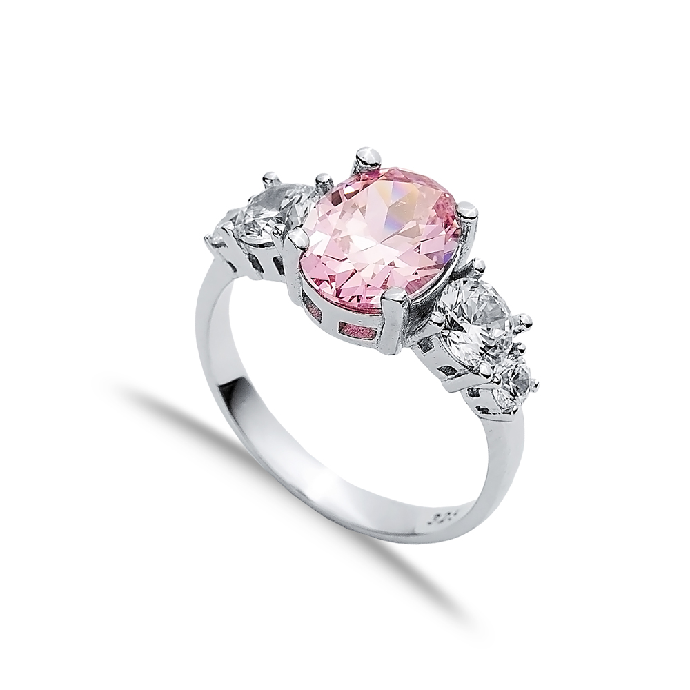 Oval Pink Quartz Round CZ Stone Ring Wholesale Silver Jewelry