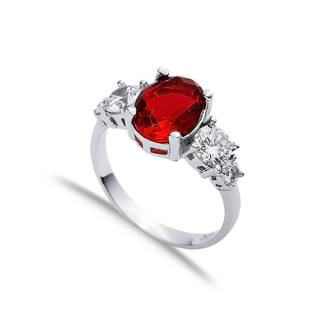 Oval Garnet Round CZ Stone Ring Wholesale Silver Jewelry