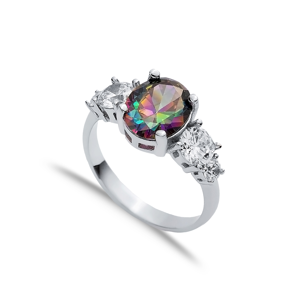 Oval Mystic Topaz Round CZ Stone Ring Wholesale Silver Jewelry