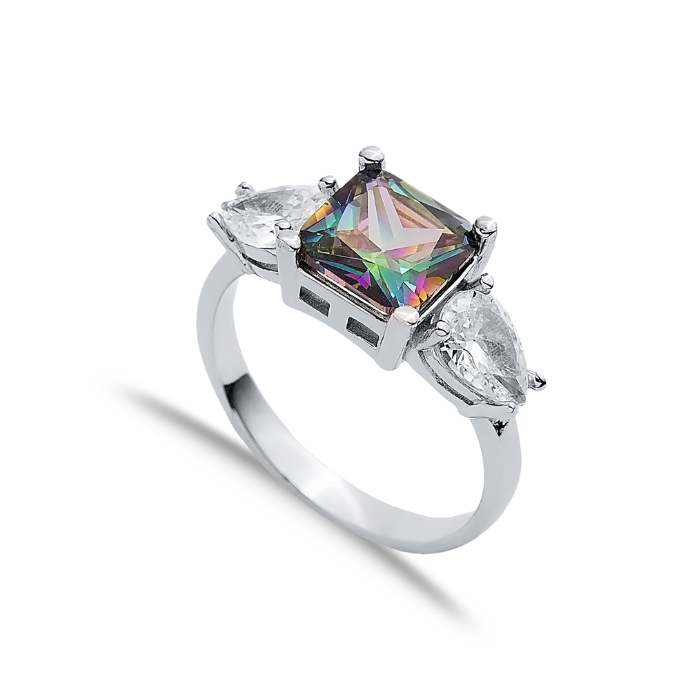 Square Mystic Topaz Pear CZ Stone Ring Wholesale Silver Jewelry