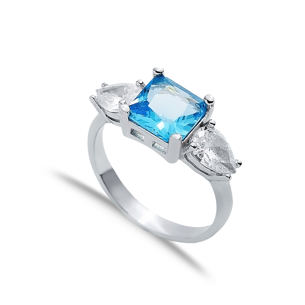 Square Aquamarine Pear CZ Stone Ring Wholesale Silver Jewelry