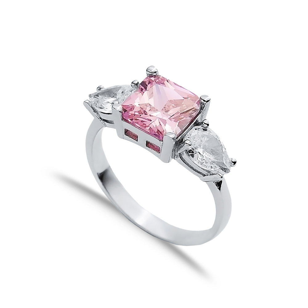 Square Pink Quartz Pear CZ Stone Ring Wholesale Silver Jewelry